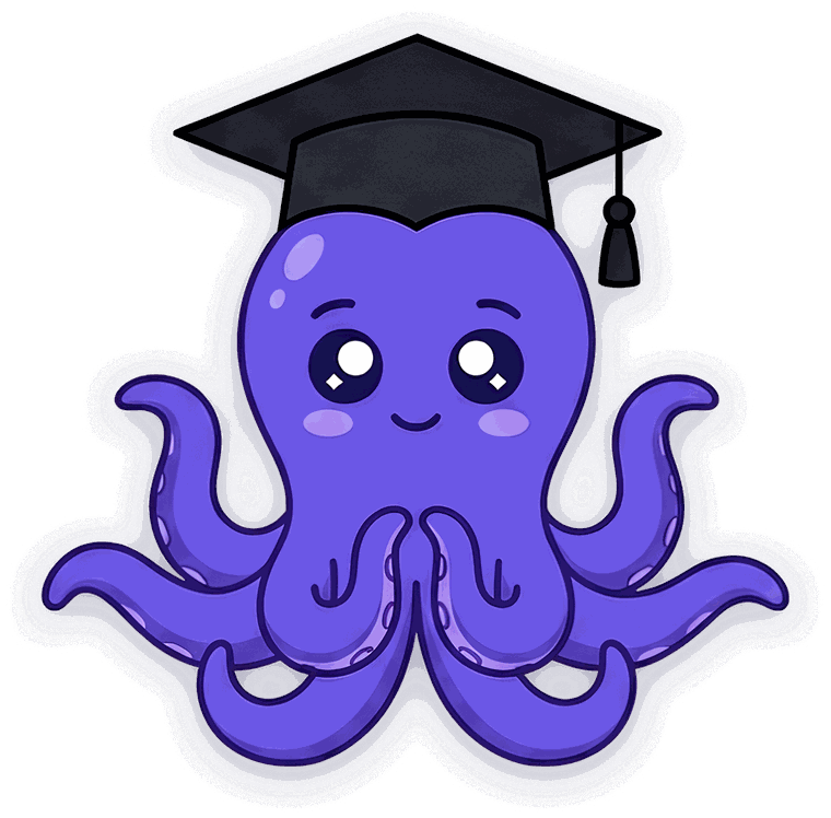 Facto — the Factopus octopus mascot in a graduation cap